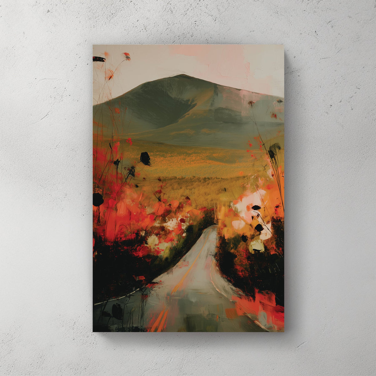 autumn landscape wall art with road, mountain and wildflowers in red and gold tones