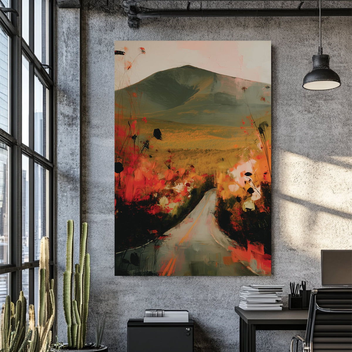 autumn landscape wall art with road, mountain and wildflowers in red and gold tones