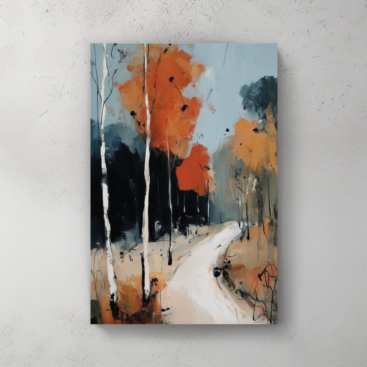 birch tree autumn forest wall art with orange leaves and winding path