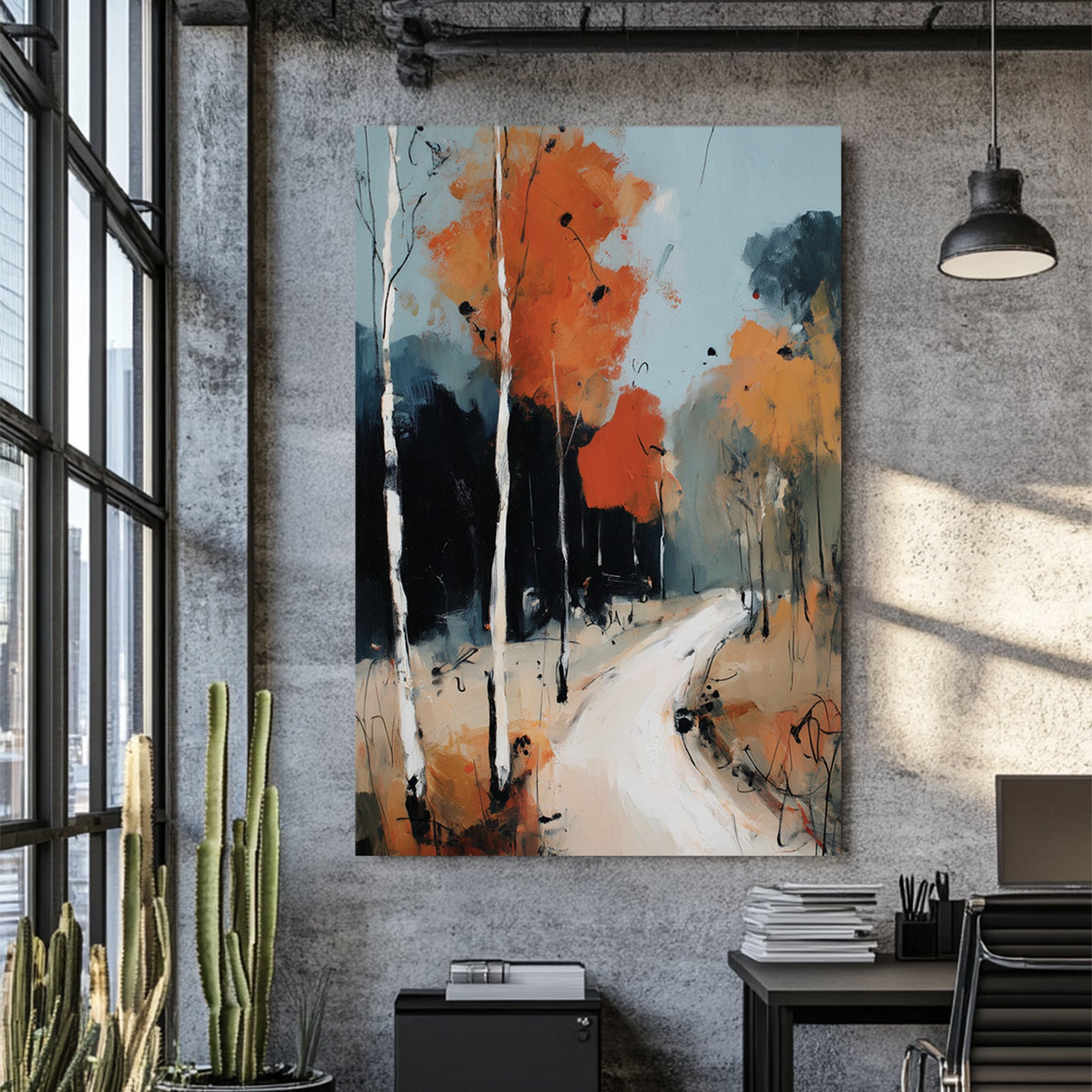 birch tree autumn forest wall art with orange leaves and winding path