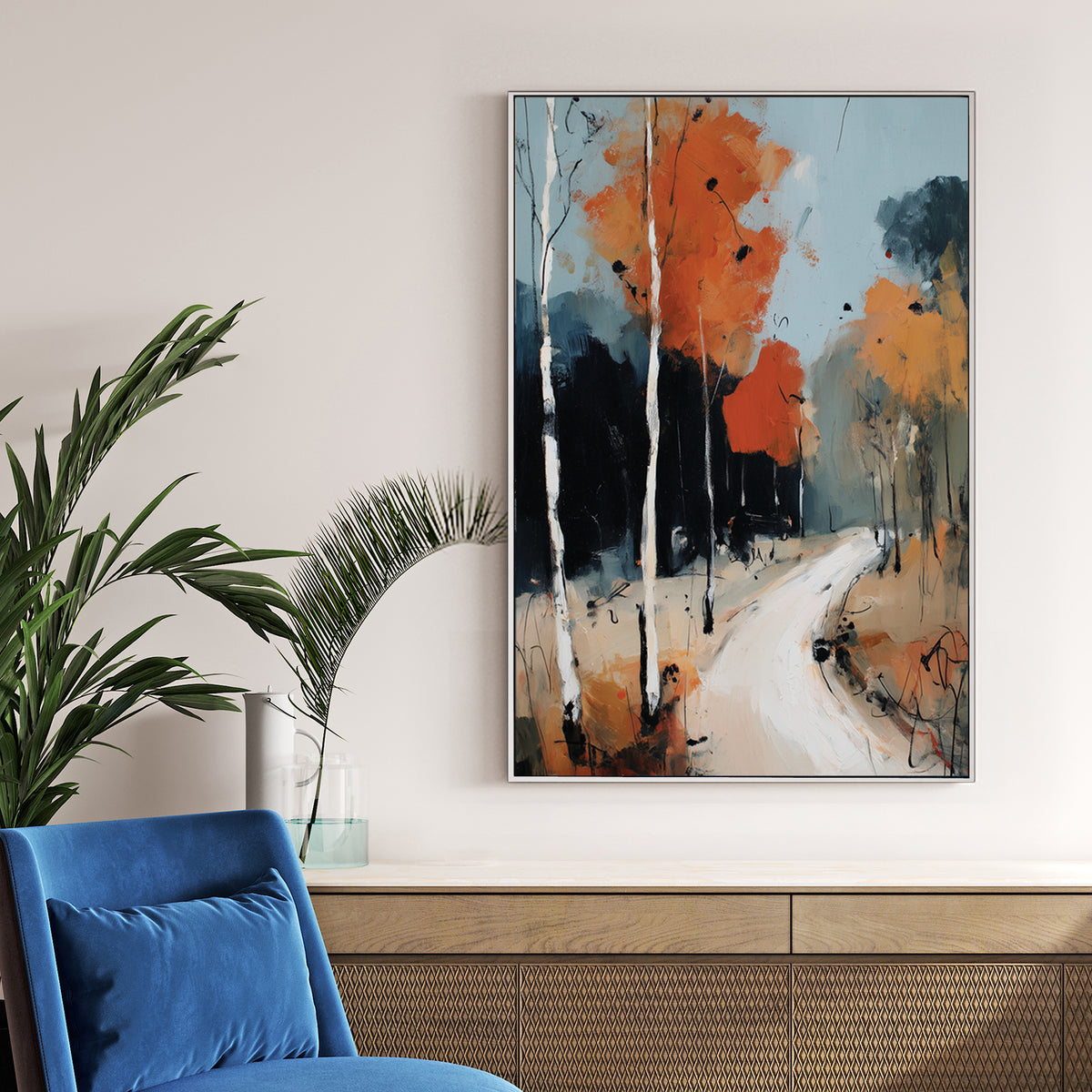 birch tree autumn forest wall art with orange leaves and winding path