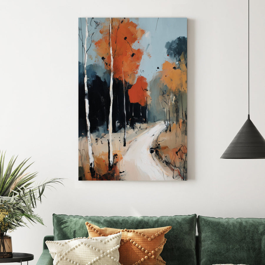 birch tree autumn forest wall art with orange leaves and winding path
