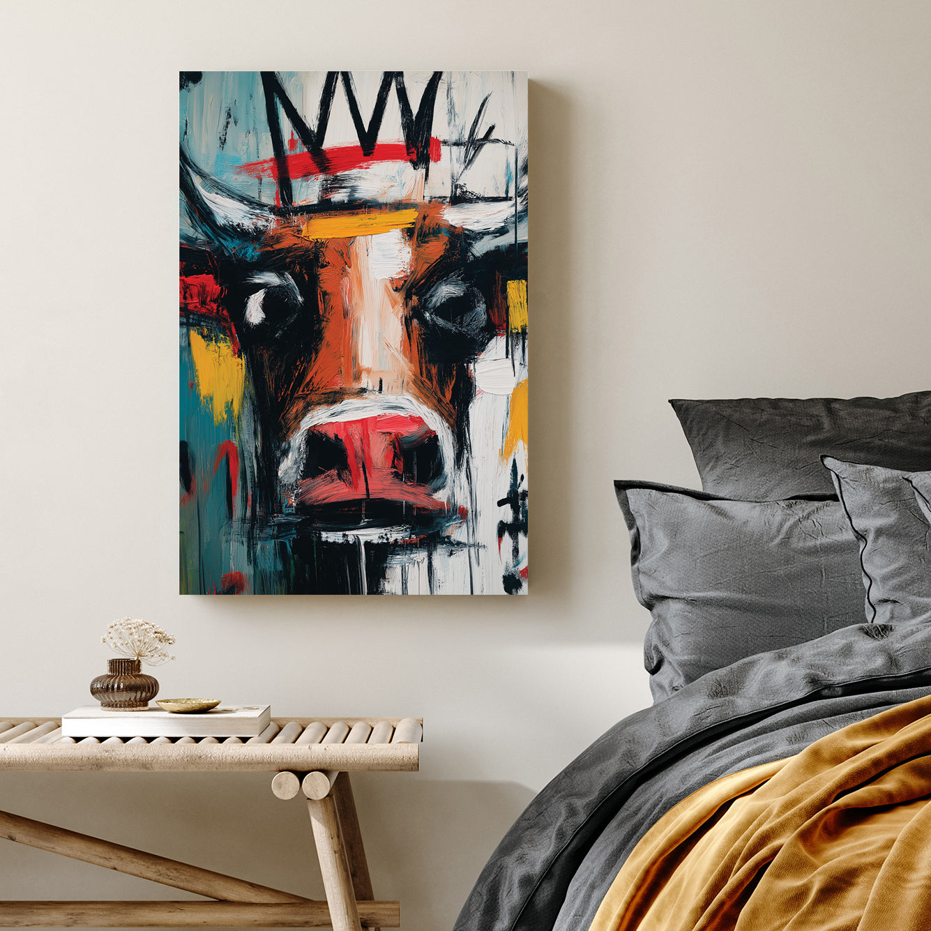 graffiti bull painting wall art with crown in basquiat style