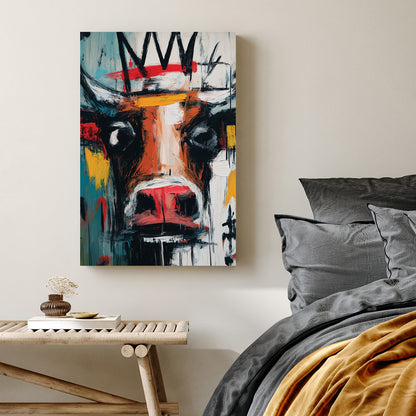 graffiti bull painting wall art with crown in basquiat style