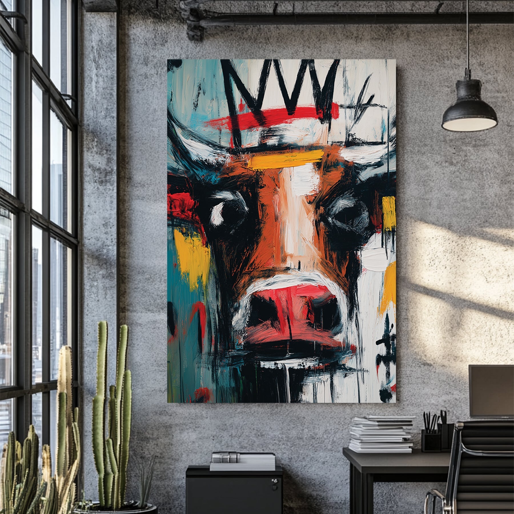 graffiti bull painting wall art with crown in basquiat style