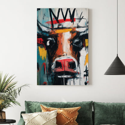 graffiti bull painting wall art with crown in basquiat style