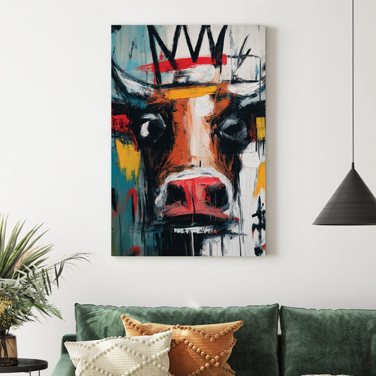 graffiti bull painting wall art with crown in basquiat style
