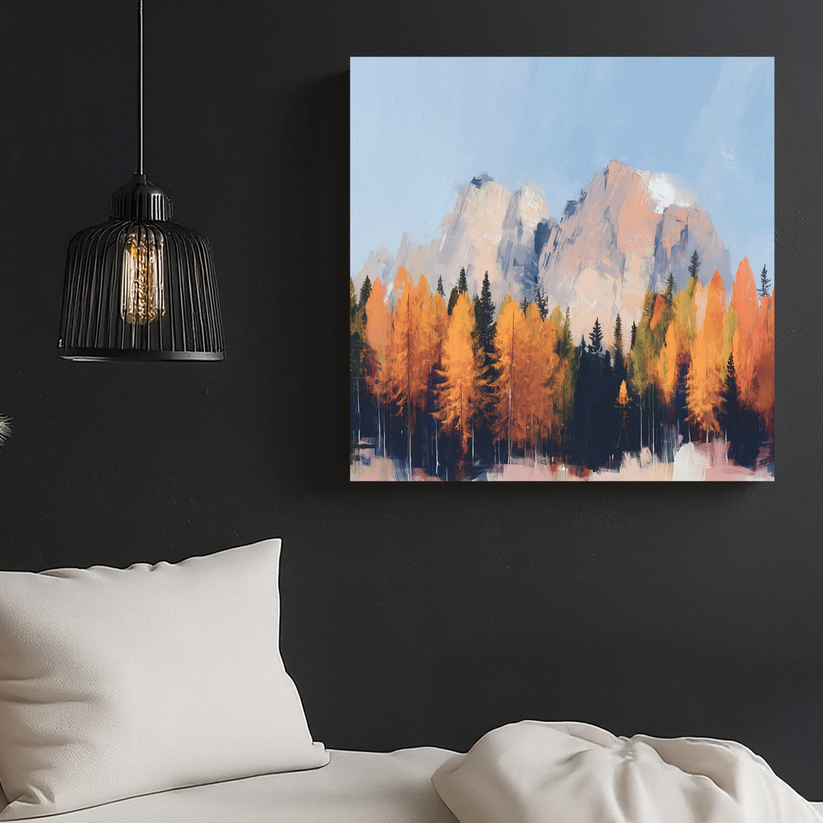 autumn mountain landscape wall art with golden trees and blue sky