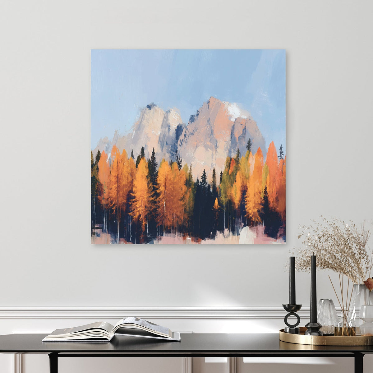autumn mountain landscape wall art with golden trees and blue sky