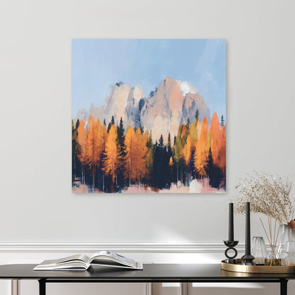 autumn mountain landscape wall art with golden trees and blue sky