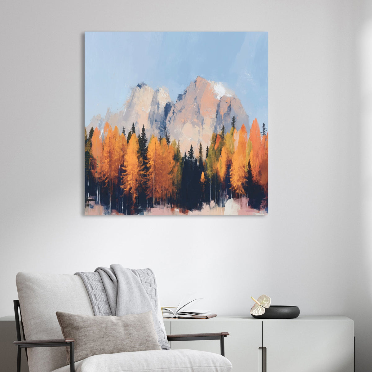 autumn mountain landscape wall art with golden trees and blue sky