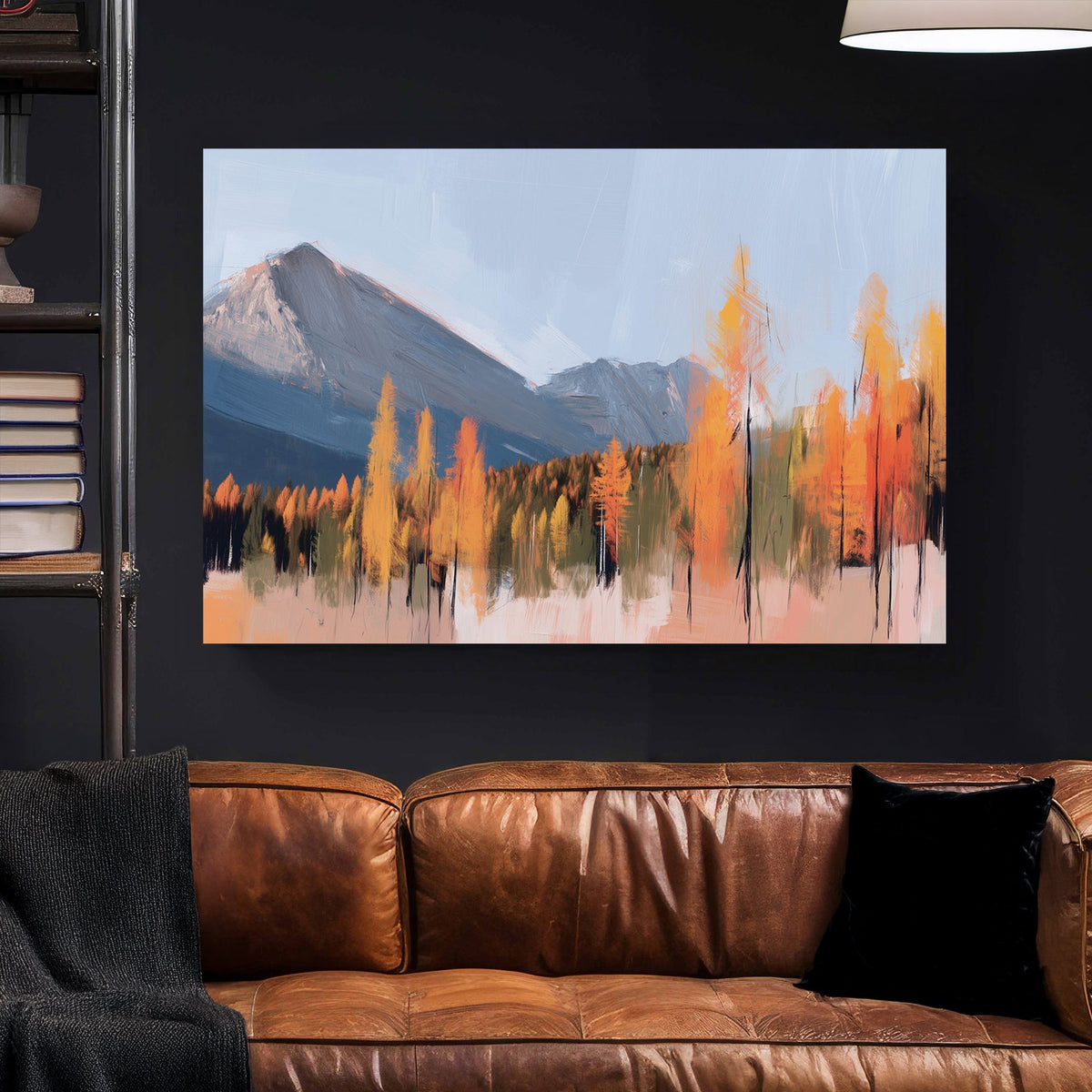 autumn mountain wall art with orange larch trees and blue sky