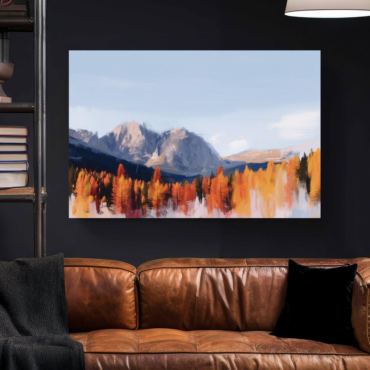 autumn landscape painting with orange trees and mountain range