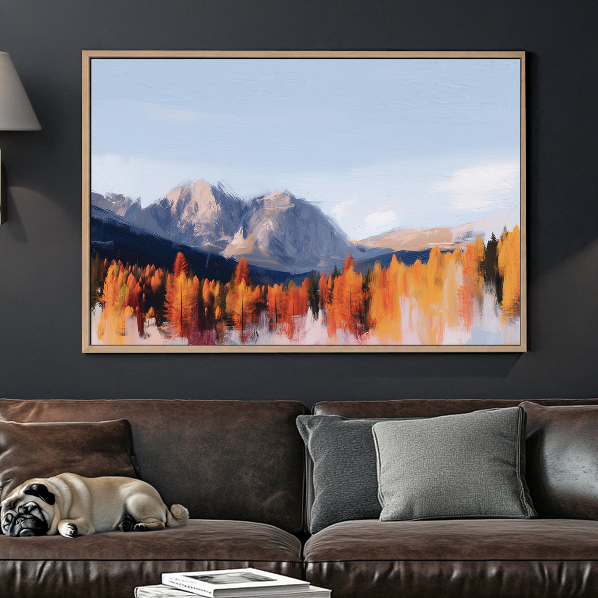 autumn landscape painting with orange trees and mountain range