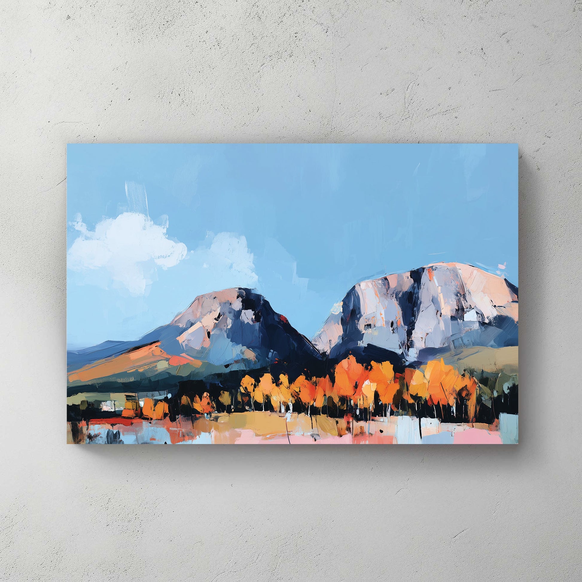 autumn landscape wall art with mountains and orange trees