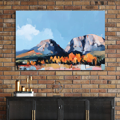 autumn landscape wall art with mountains and orange trees