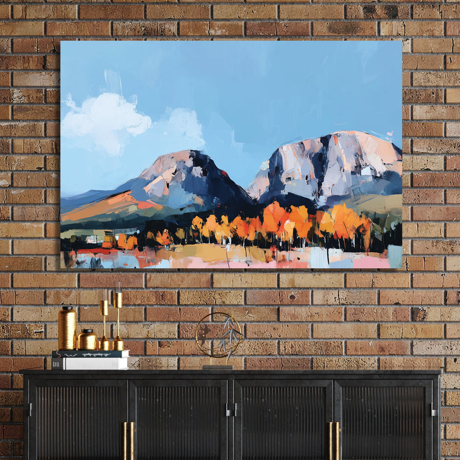 autumn landscape wall art with mountains and orange trees