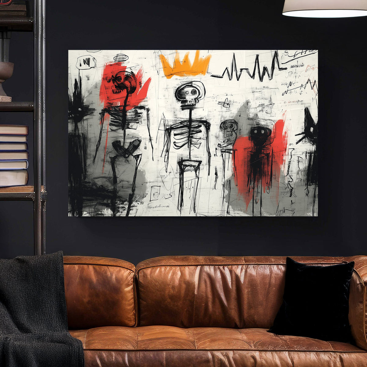 basquiat inspired skeleton graffiti wall art