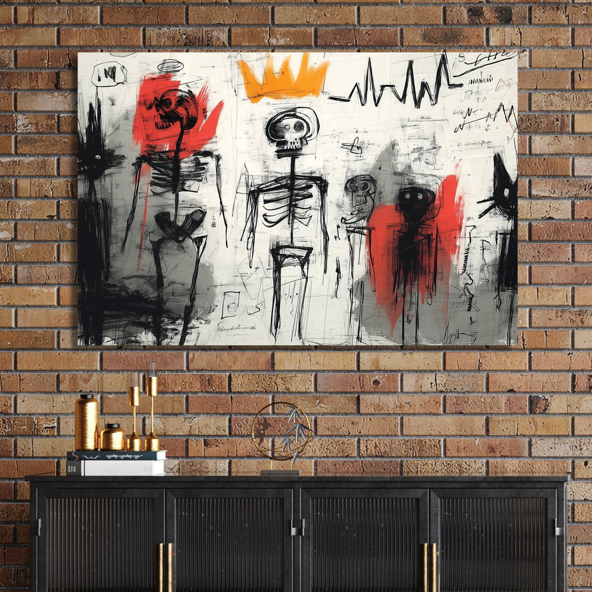 basquiat inspired skeleton graffiti wall art