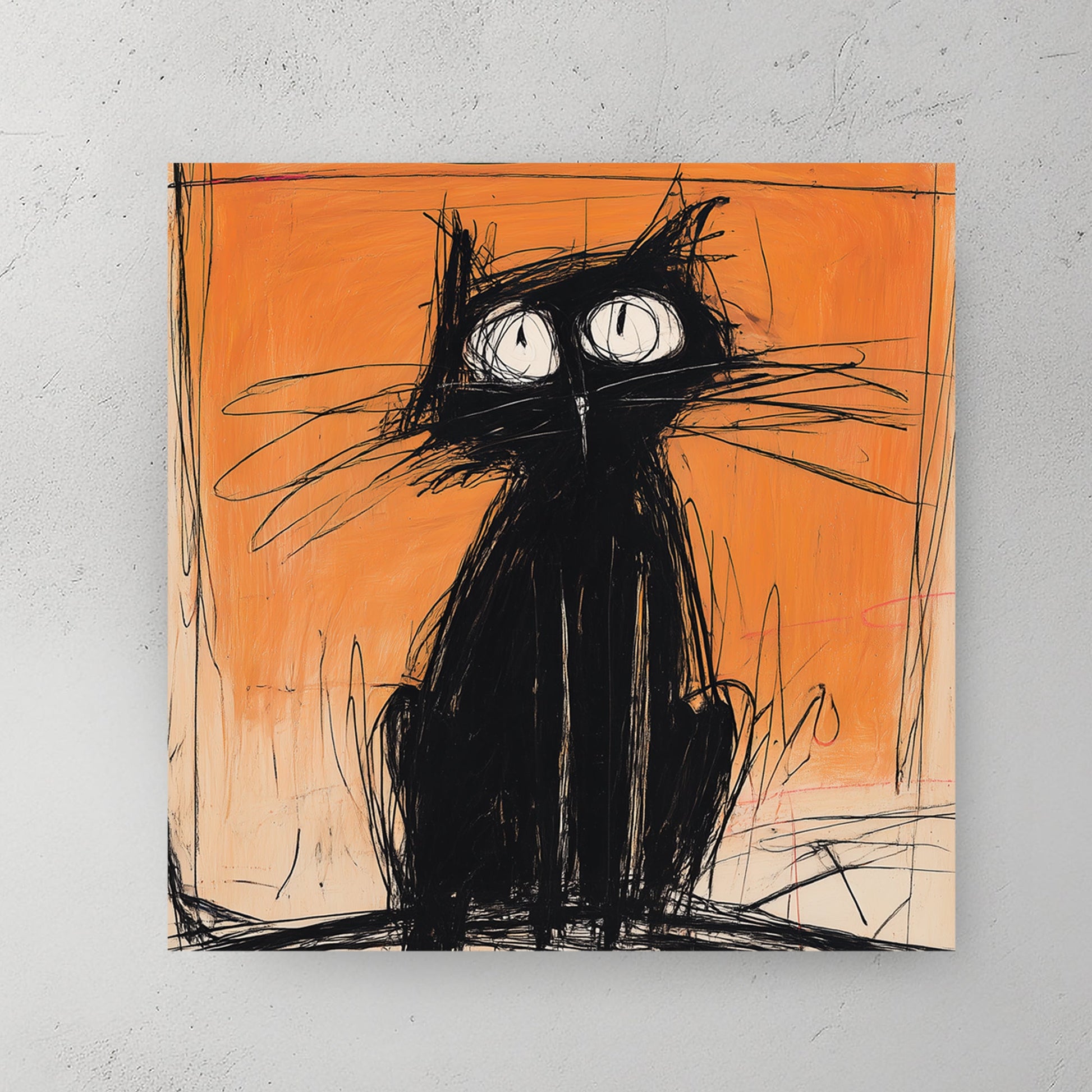 sketchy black cat wall art with orange background and graffiti-inspired style