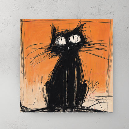 sketchy black cat wall art with orange background and graffiti-inspired style