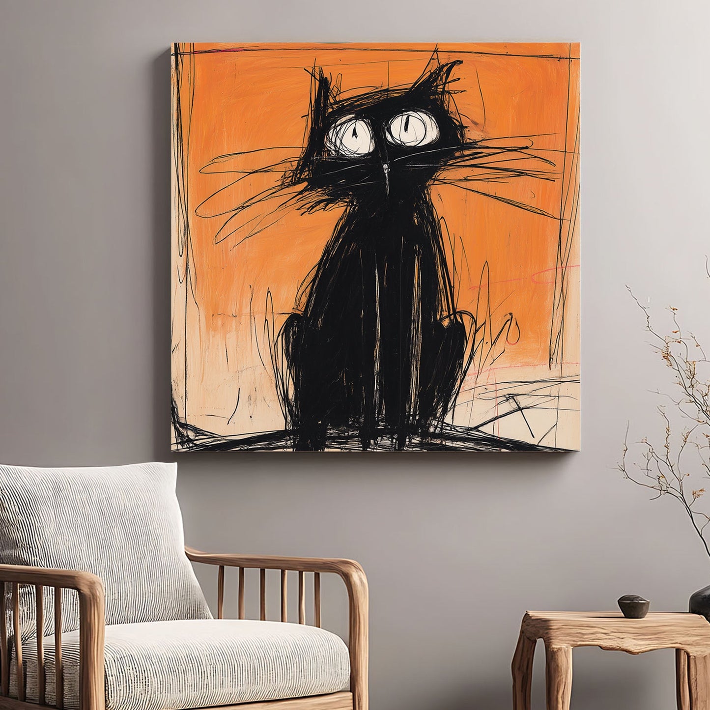 sketchy black cat wall art with orange background and graffiti-inspired style