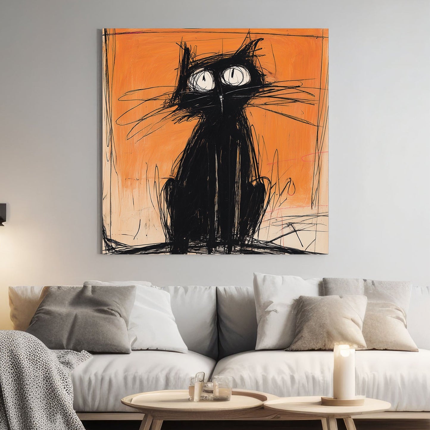 sketchy black cat wall art with orange background and graffiti-inspired style