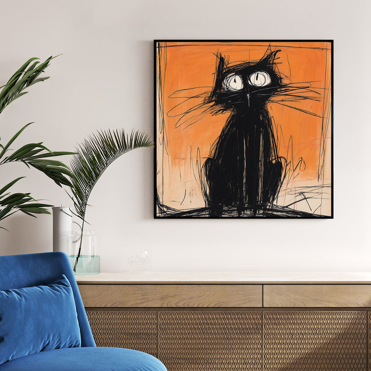 sketchy black cat wall art with orange background and graffiti-inspired style