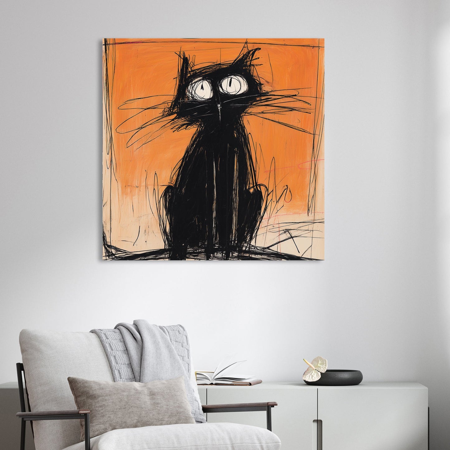 sketchy black cat wall art with orange background and graffiti-inspired style