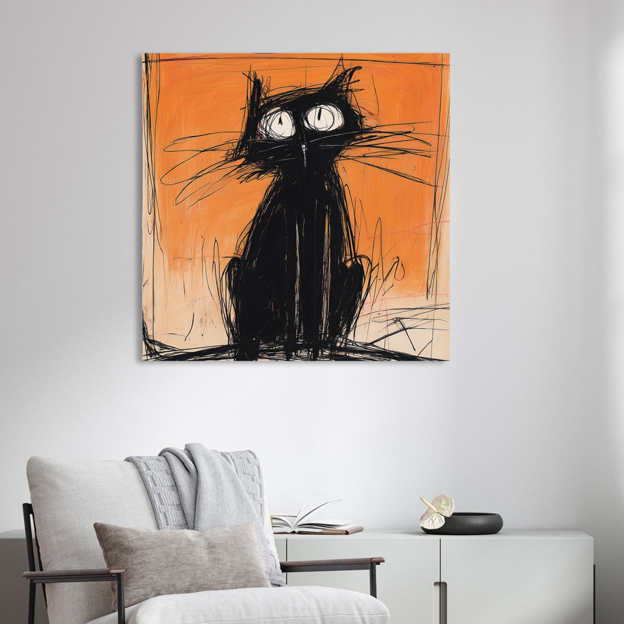 sketchy black cat wall art with orange background and graffiti-inspired style