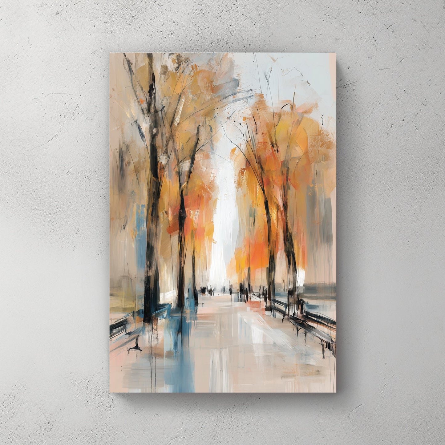 autumn park path wall art with golden trees and painterly brushstrokes