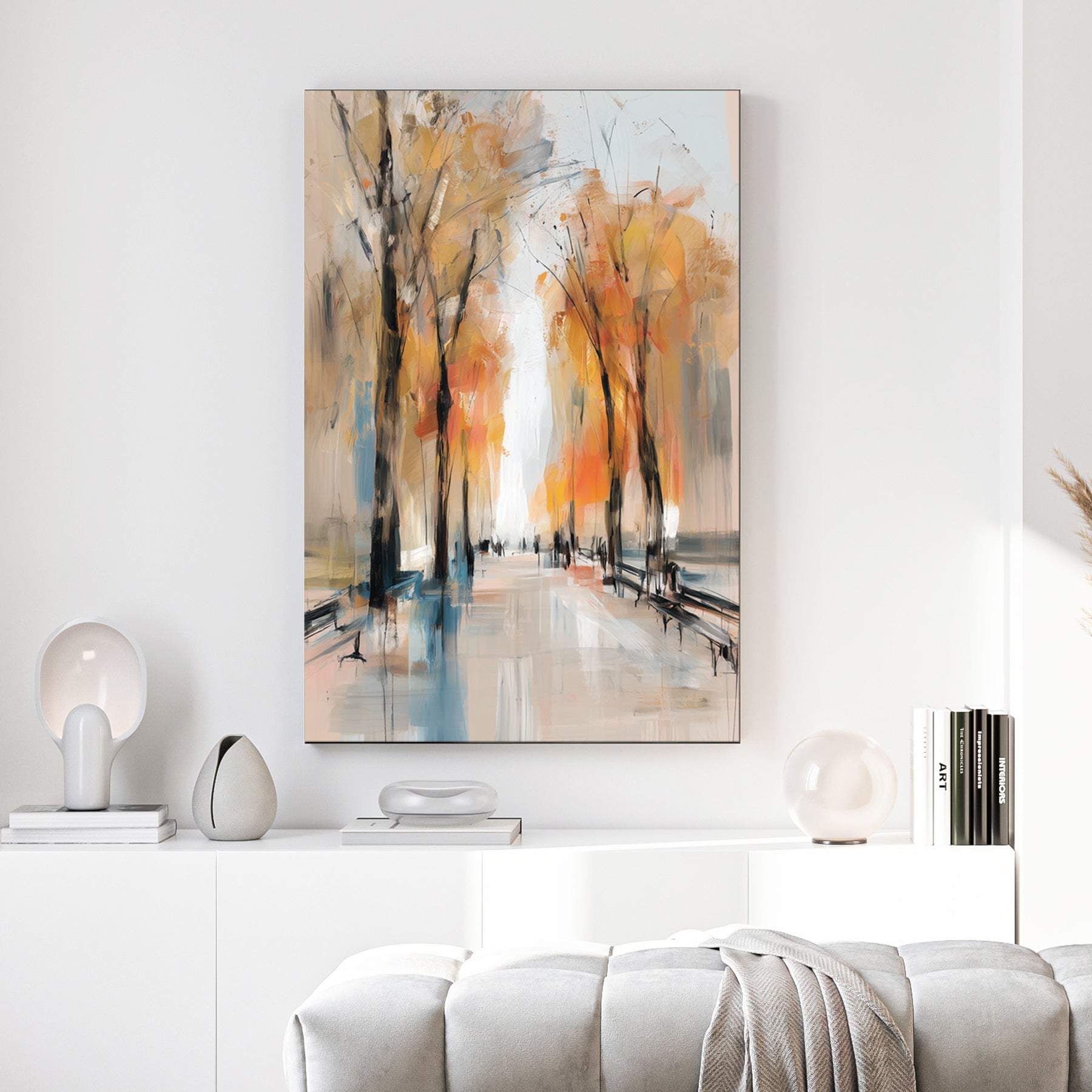 autumn park path wall art with golden trees and painterly brushstrokes