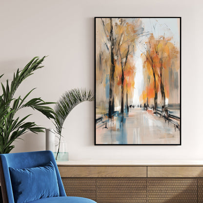 autumn park path wall art with golden trees and painterly brushstrokes