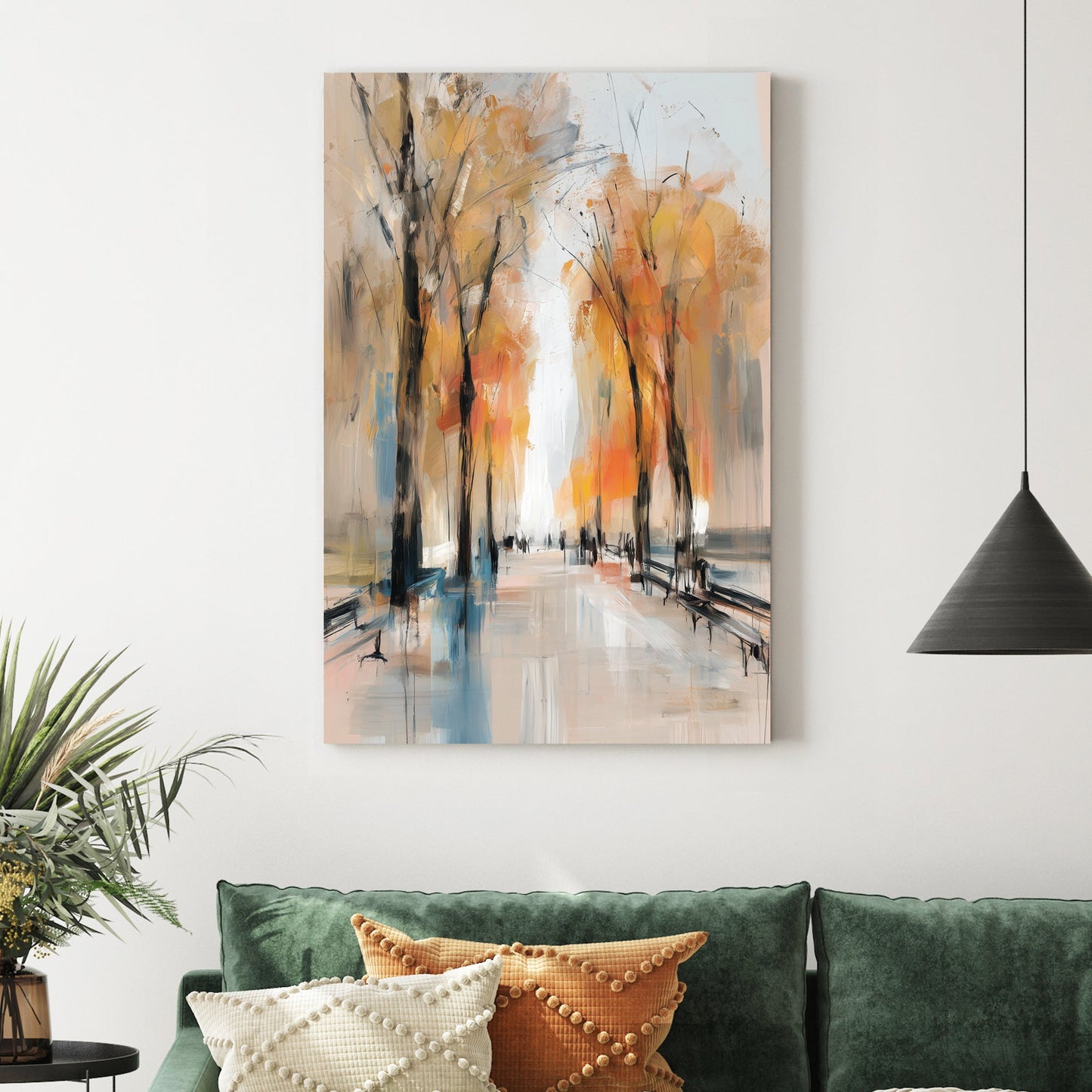 autumn park path wall art with golden trees and painterly brushstrokes