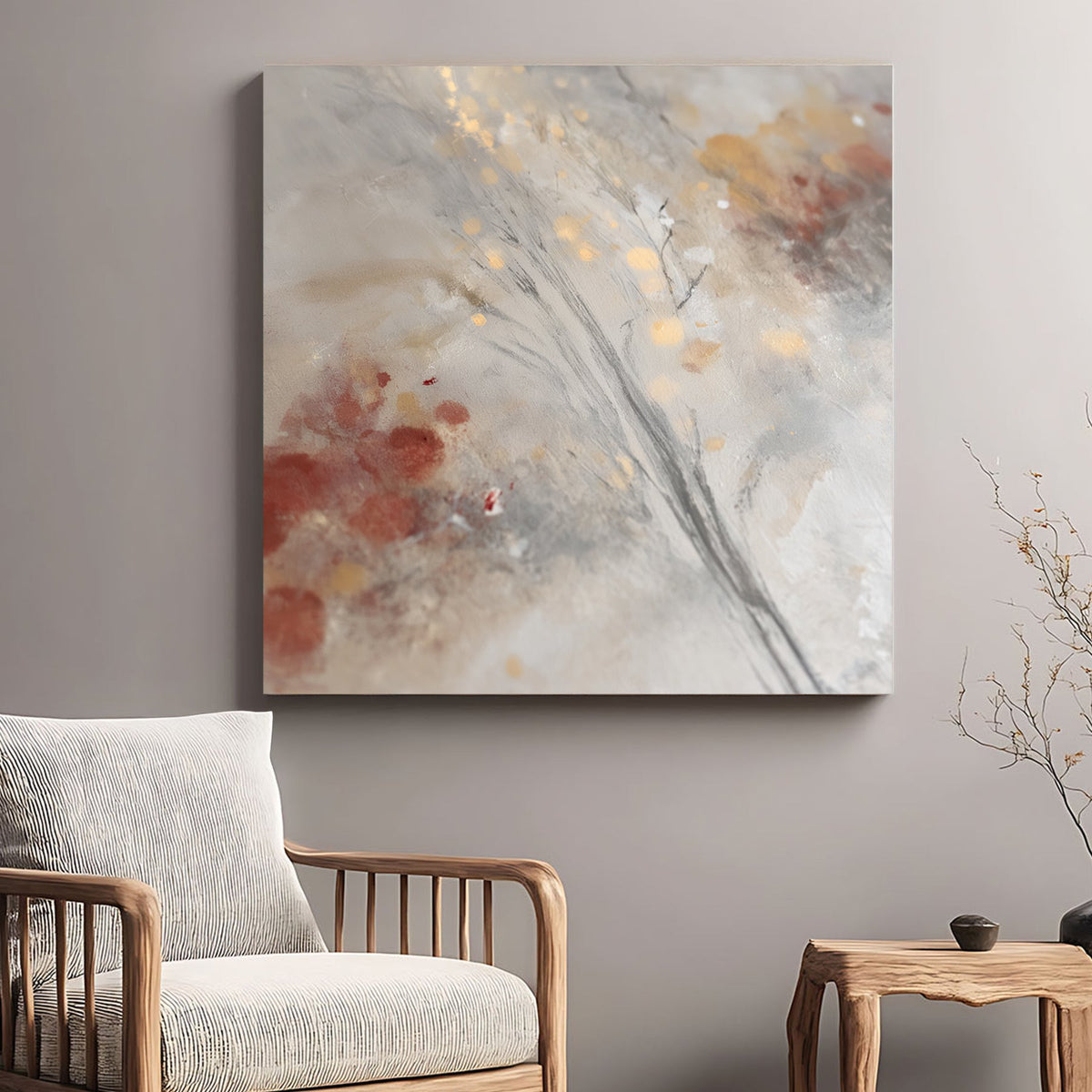 abstract winter wall art with soft greys, golden lights, and subtle festive details