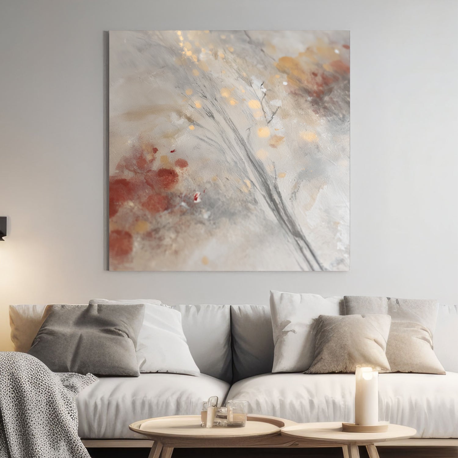 abstract winter wall art with soft greys, golden lights, and subtle festive details