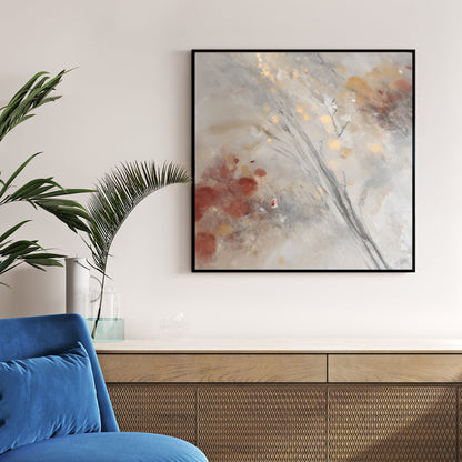 abstract winter wall art with soft greys, golden lights, and subtle festive details