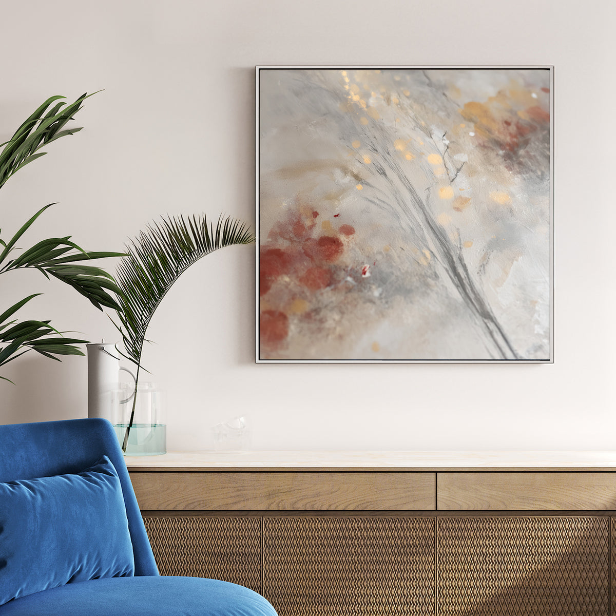 abstract winter wall art with soft greys, golden lights, and subtle festive details