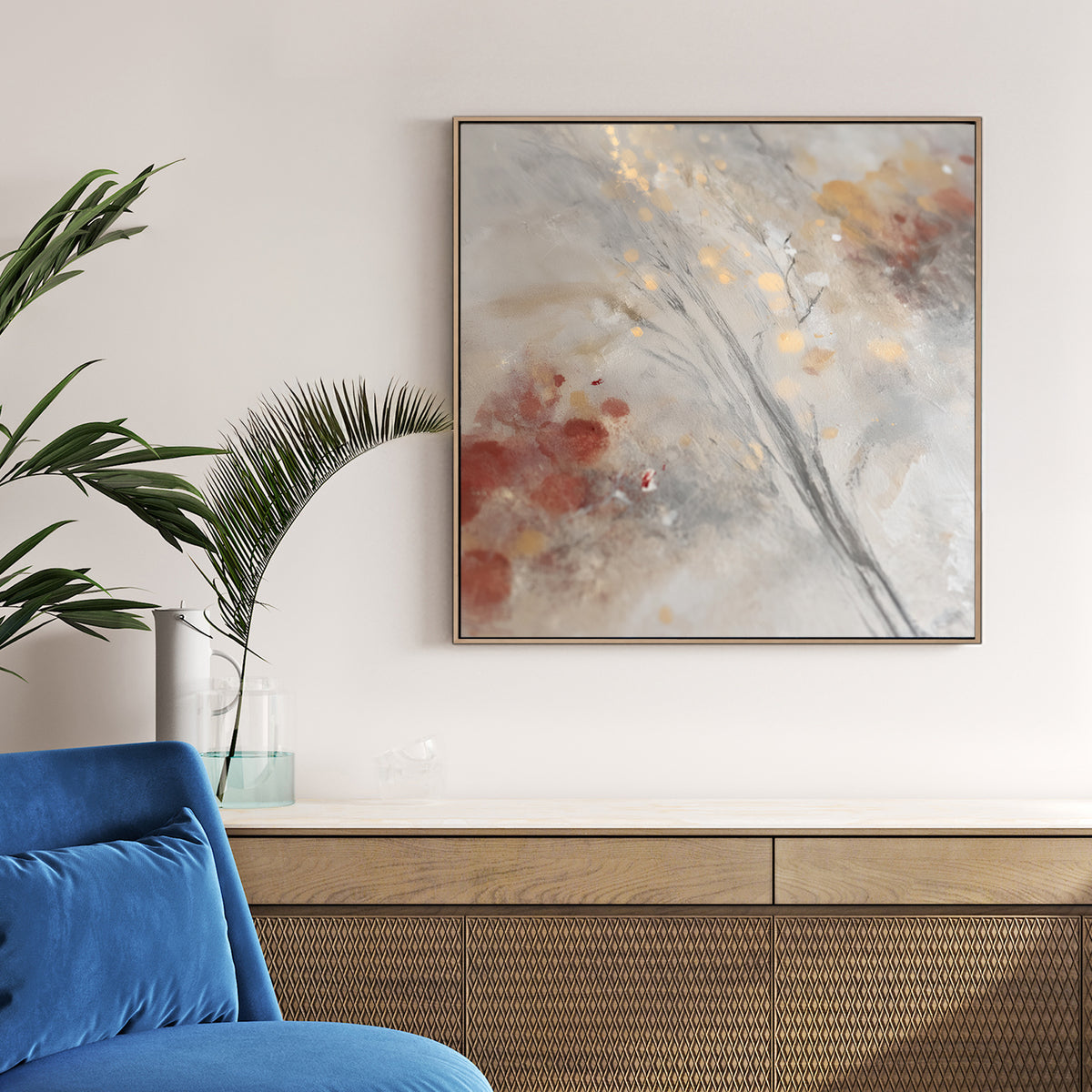 abstract winter wall art with soft greys, golden lights, and subtle festive details