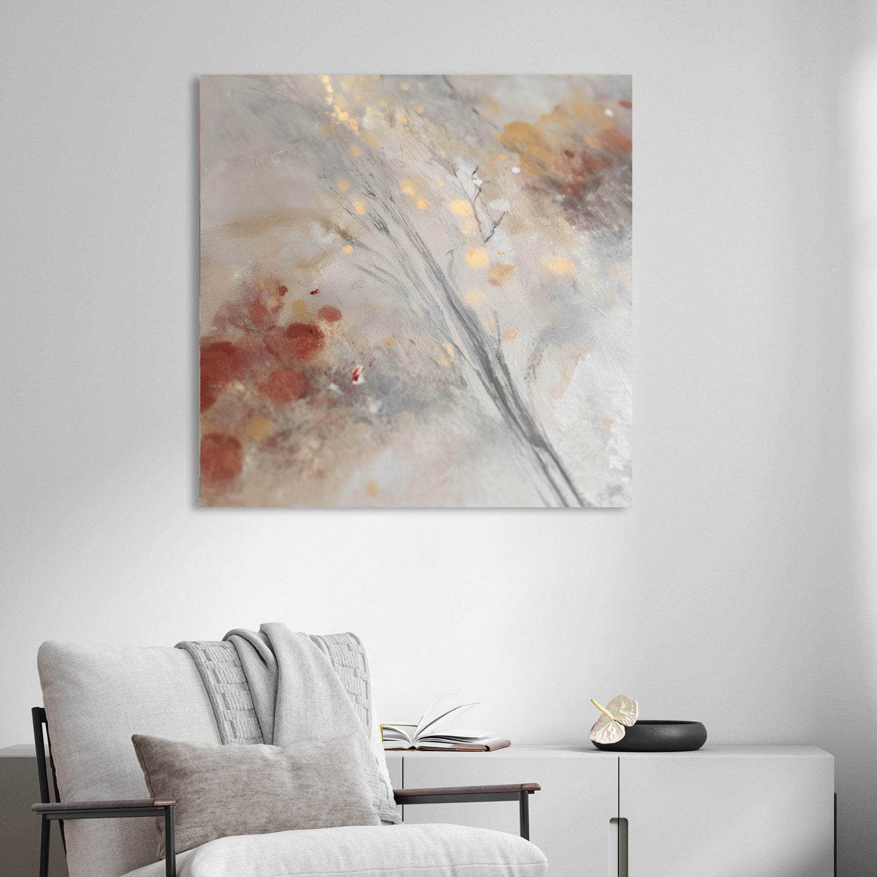 abstract winter wall art with soft greys, golden lights, and subtle festive details