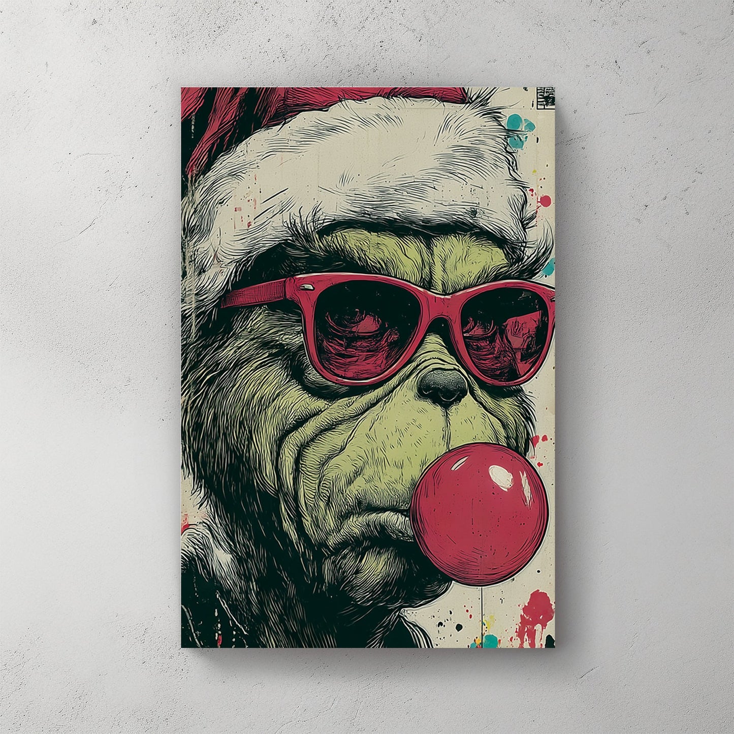 graffiti style holiday wall art of the Grinch in Santa hat and sunglasses blowing bubblegum