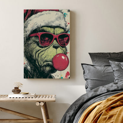graffiti style holiday wall art of the Grinch in Santa hat and sunglasses blowing bubblegum