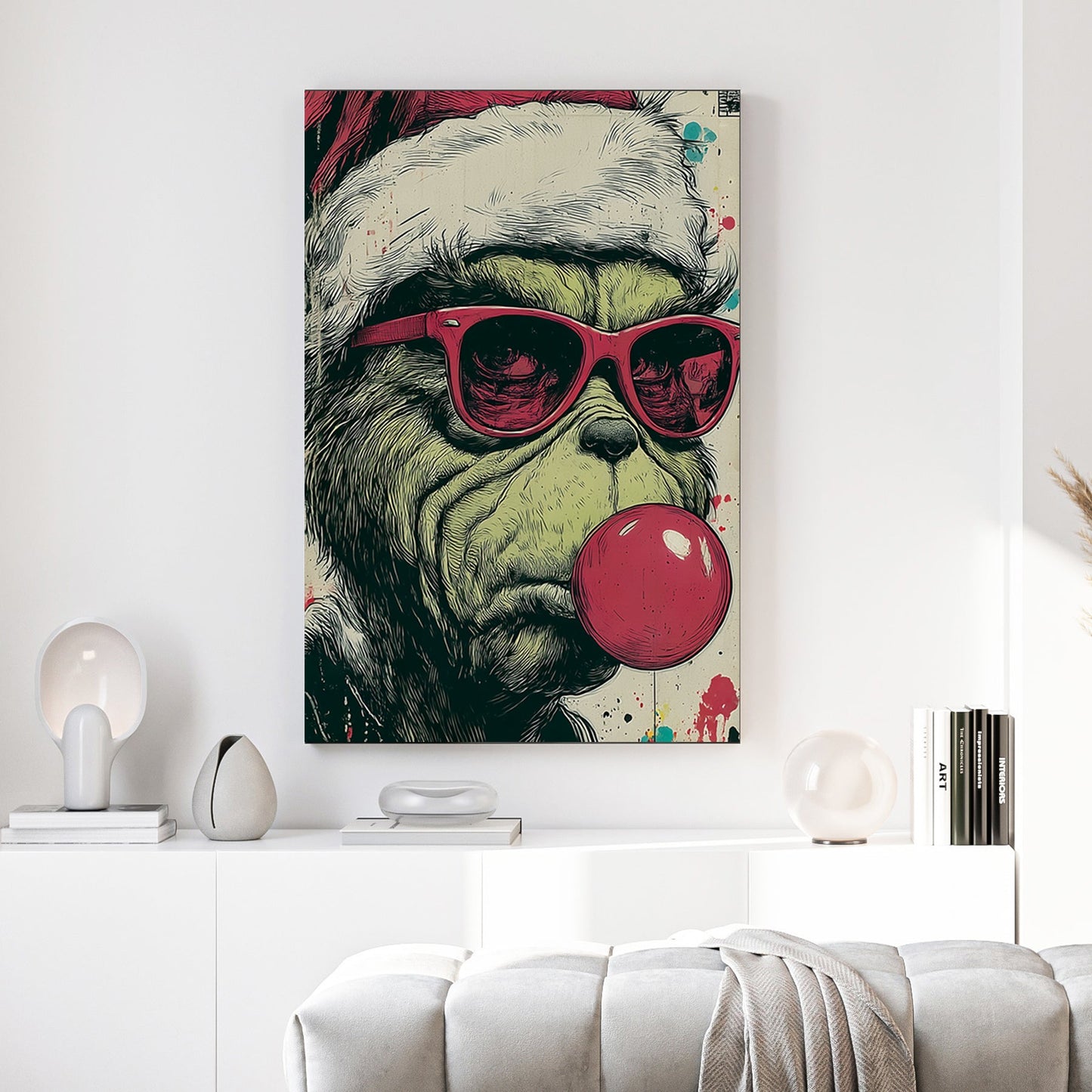 graffiti style holiday wall art of the Grinch in Santa hat and sunglasses blowing bubblegum