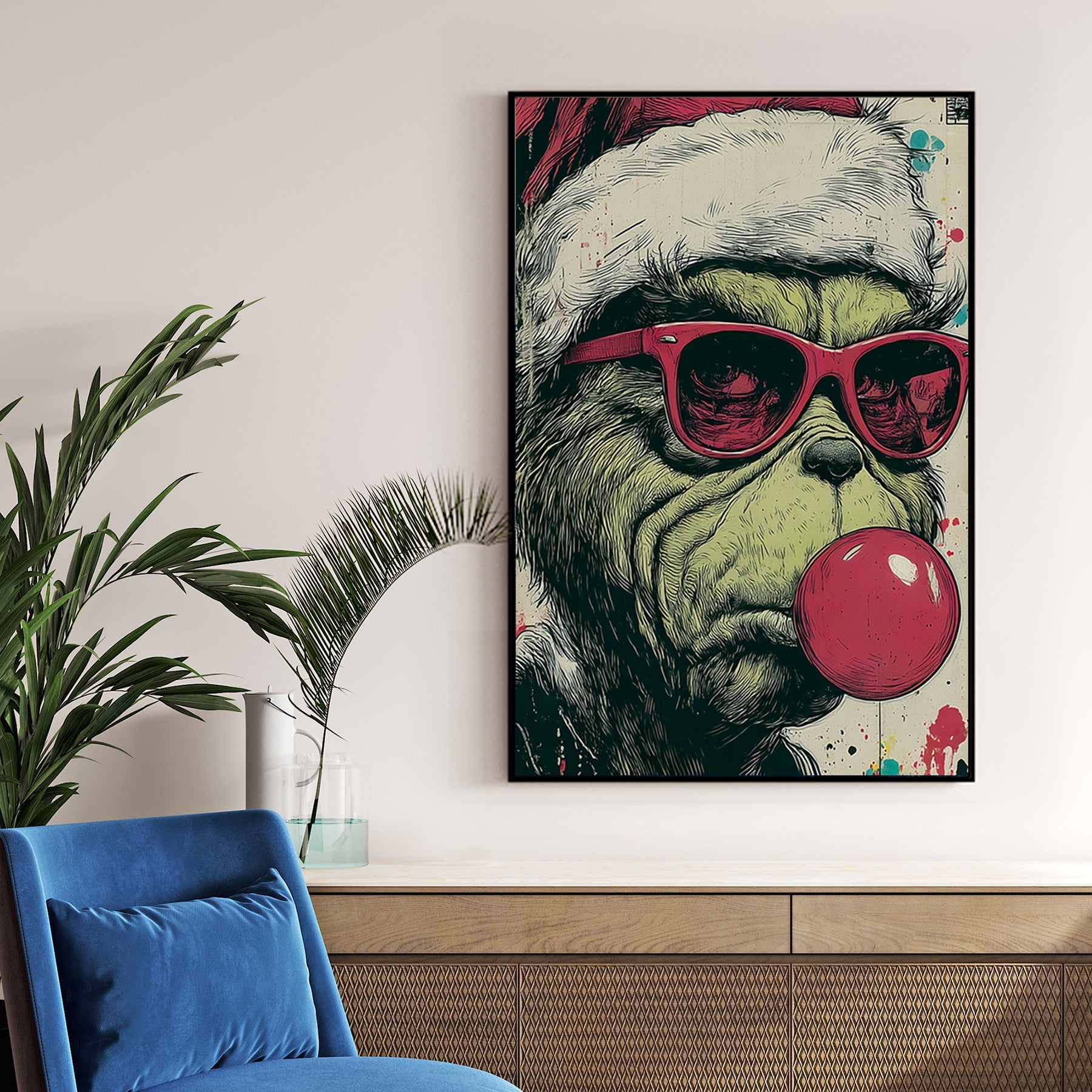graffiti style holiday wall art of the Grinch in Santa hat and sunglasses blowing bubblegum
