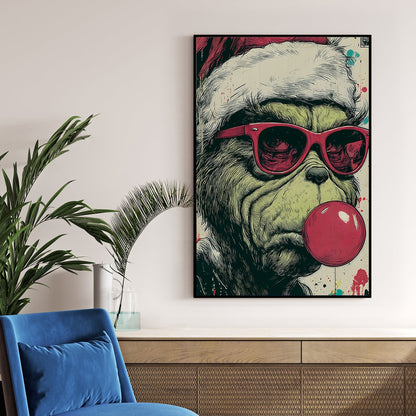 graffiti style holiday wall art of the Grinch in Santa hat and sunglasses blowing bubblegum