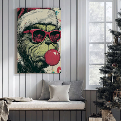 graffiti style holiday wall art of the Grinch in Santa hat and sunglasses blowing bubblegum