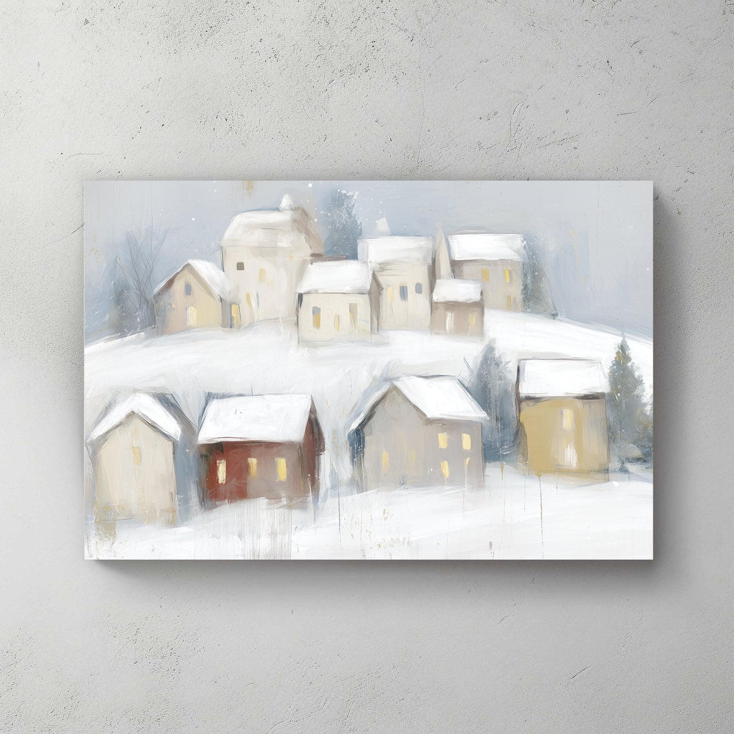 snowy village wall art with glowing windows and soft winter landscape