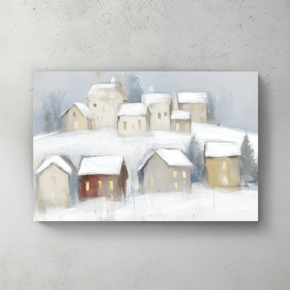 snowy village wall art with glowing windows and soft winter landscape