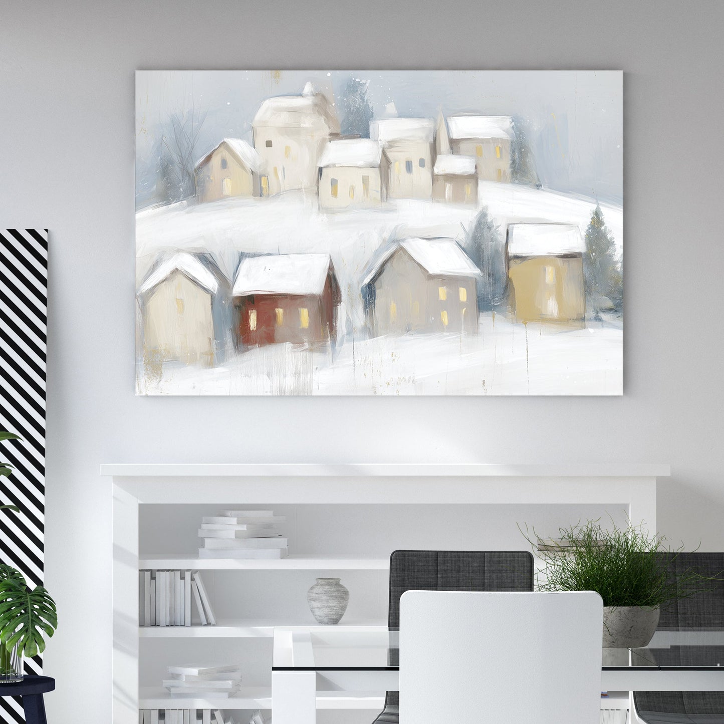 snowy village wall art with glowing windows and soft winter landscape