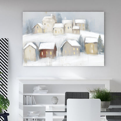 snowy village wall art with glowing windows and soft winter landscape